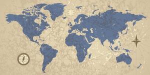 Obraz na korku mapa świata z kompasem w stylu retro