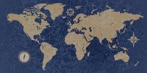 Obraz na korku mapa świata z kompasem w stylu retro na niebieskim tle