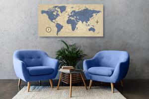 Obraz mapa świata z kompasem w stylu retro