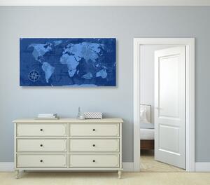 Obraz rustykalna mapa świata w kolorze niebieskim
