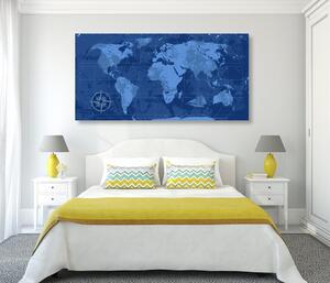 Obraz rustykalna mapa świata w kolorze niebieskim