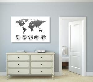 Obraz globusy z mapą świata w wersji czarno-białej