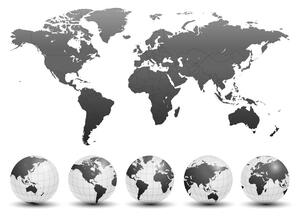 Obraz globusy z mapą świata w wersji czarno-białej