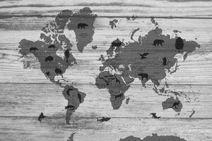 Obraz czarno-biała mapa na drewnianym podkładzie