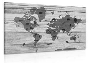Obraz czarno-biała mapa na drewnianym podkładzie