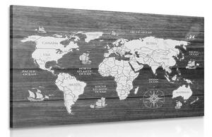 Obraz czarno-biała mapa na drewnie