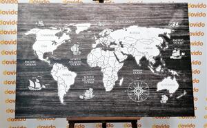 Obraz czarno-biała mapa na drewnie