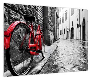 Obraz czerwonego roweru na brukowanej uliczce (70x50 cm)