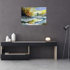 Obraz zimowej rzeki, obraz olejny (70x50 cm)