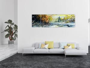 Obraz zimowej rzeki, obraz olejny (170x50 cm)