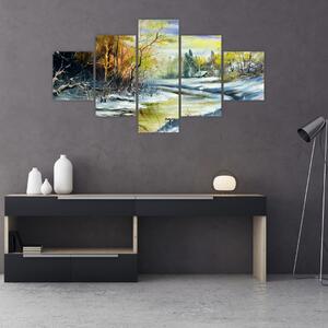 Obraz zimowej rzeki, obraz olejny (125x70 cm)