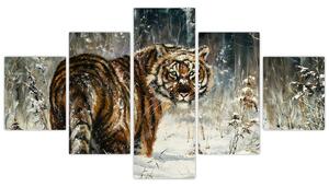 Obraz - Tygrys w zaśnieżonym lesie, obraz olejny (125x70 cm)