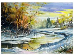 Obraz zimowej rzeki, obraz olejny (70x50 cm)