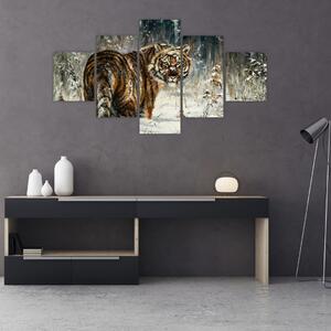 Obraz - Tygrys w zaśnieżonym lesie, obraz olejny (125x70 cm)