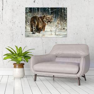 Obraz - Tygrys w zaśnieżonym lesie, obraz olejny (70x50 cm)