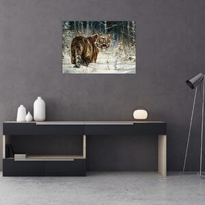 Obraz - Tygrys w zaśnieżonym lesie, obraz olejny (70x50 cm)