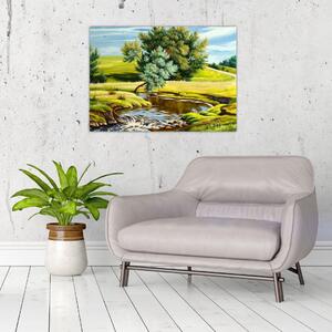 Obraz - rzeka między łąkami, obraz olejny (70x50 cm)