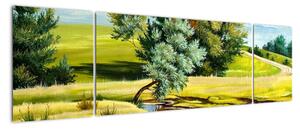 Obraz - rzeka między łąkami, obraz olejny (170x50 cm)