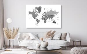 Obraz na korku mapa świata w wersji czarno-białej