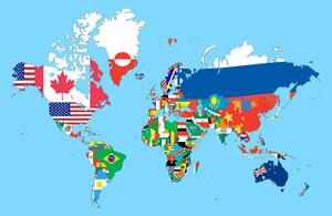 Obraz mapa świata z flagami