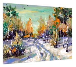 Obraz - Zaśnieżona ścieżka przez las, obraz olejny (70x50 cm)