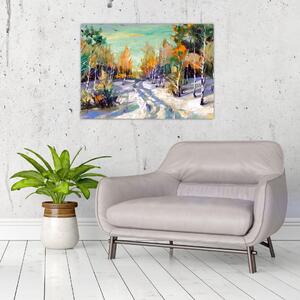 Obraz - Zaśnieżona ścieżka przez las, obraz olejny (70x50 cm)