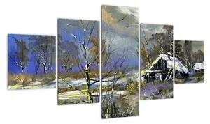 Obraz chaty w zimowym krajobrazie, obraz olejny (125x70 cm)