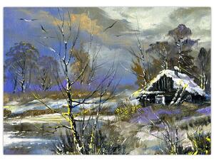 Obraz chaty w zimowym krajobrazie, obraz olejny (70x50 cm)