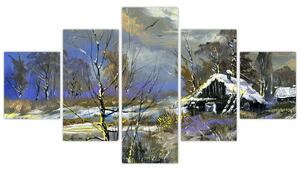 Obraz chaty w zimowym krajobrazie, obraz olejny (125x70 cm)