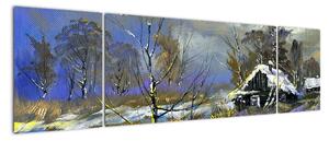 Obraz chaty w zimowym krajobrazie, obraz olejny (170x50 cm)