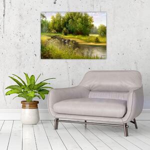Obraz - Rzeka przy lesie, obraz olejny (70x50 cm)