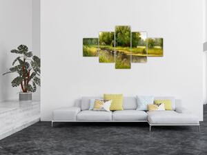 Obraz - Rzeka przy lesie, obraz olejny (125x70 cm)