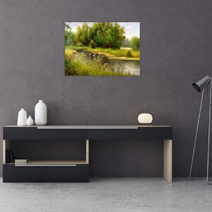Obraz - Rzeka przy lesie, obraz olejny (70x50 cm)