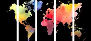 5-częściowy obraz mapa świata w akwareli na czarnym tle