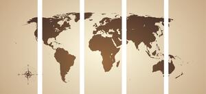 5-częściowy obraz mapa świata w odcieniach brązu