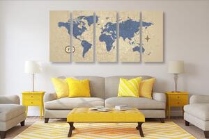 5-częściowy obraz mapa świata z kompasem w stylu retro
