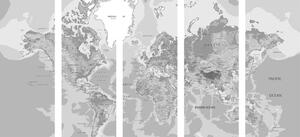 5-częściowy obraz klasyczna mapa świata w wersji czarno-białej