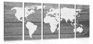 5-częściowy obraz czarno-biała mapa świata z drewnianym tłem