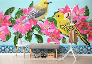 Samoprzylepna Tapety ptaki i kwiaty w stylu vintage
