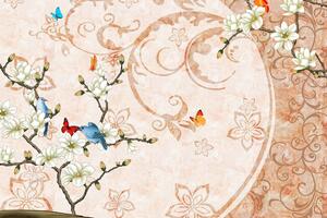 Samoprzylepna tapeta vintage martwa natura z ptakami i motylami