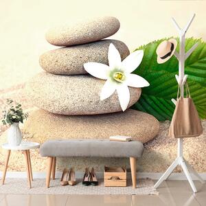 Samoprzylepna fototapeta biały kwiat i kamienie na piasku