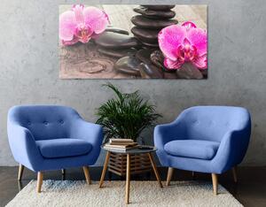 Obraz orchidea i kamienie Zen na drewnianej podstawie