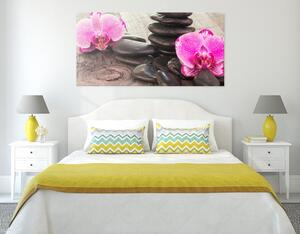 Obraz orchidea i kamienie Zen na drewnianej podstawie