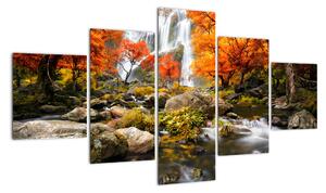 Obraz - Wodospady w pomarańczowym lesie (125x70 cm)