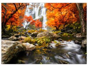 Obraz - Wodospady w pomarańczowym lesie (70x50 cm)