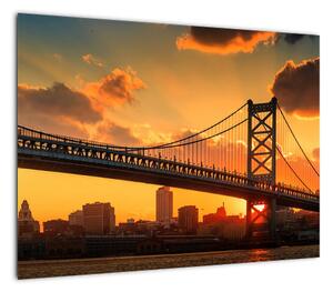 Obraz - Zachód słońca nad mostem Bena Franklina, Filadelfia (70x50 cm)