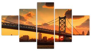 Obraz - Zachód słońca nad mostem Bena Franklina, Filadelfia (125x70 cm)
