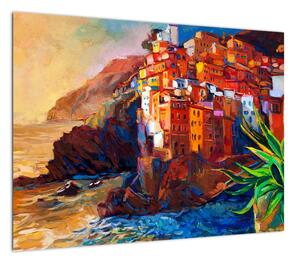 Obraz - Wieś na wybrzeżu Cinque Terre, Włoska Riviera, nowoczesny impresionism (70x50 cm)