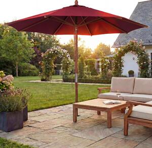 Parasol ogrodowy HWC-C57b, parasol ogrodowy, poliester/drewno 14 kg, okrągły Ø3 m, linkowy, odporny na uderzenia ~ bordowy