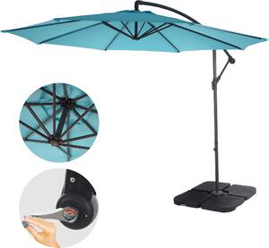 Acerra parasol wspornikowy, parasol przeciwsłoneczny, Ø 3m uchylny, poliester/stal 11kg ~ turkusowo-niebieski ze stojakiem